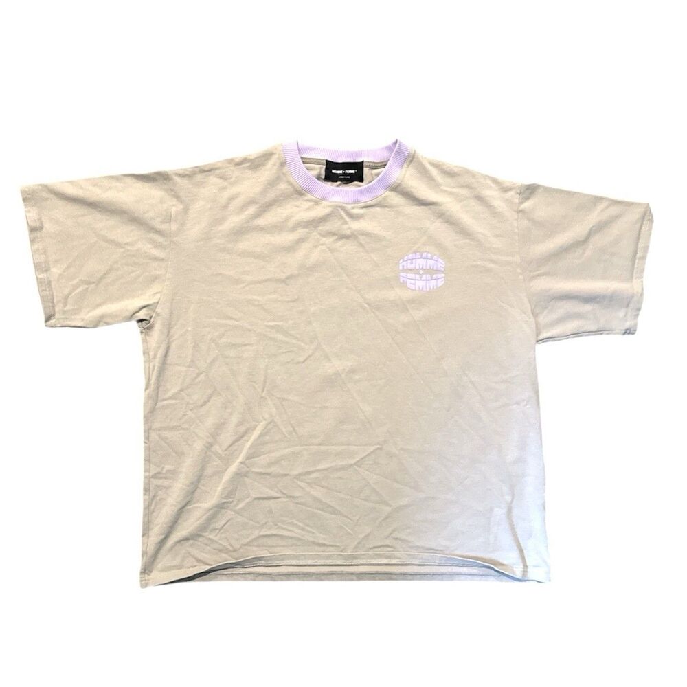 Homme + Femme - Crew Neck T Shirt Unisex XXL Heavyweight Khaki Purple Collar EUC